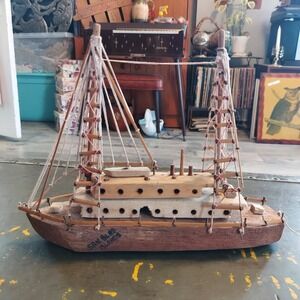 Vintage San Blas Islands Hand Carved Wooden Model Sailing Ship Folk Art 10in